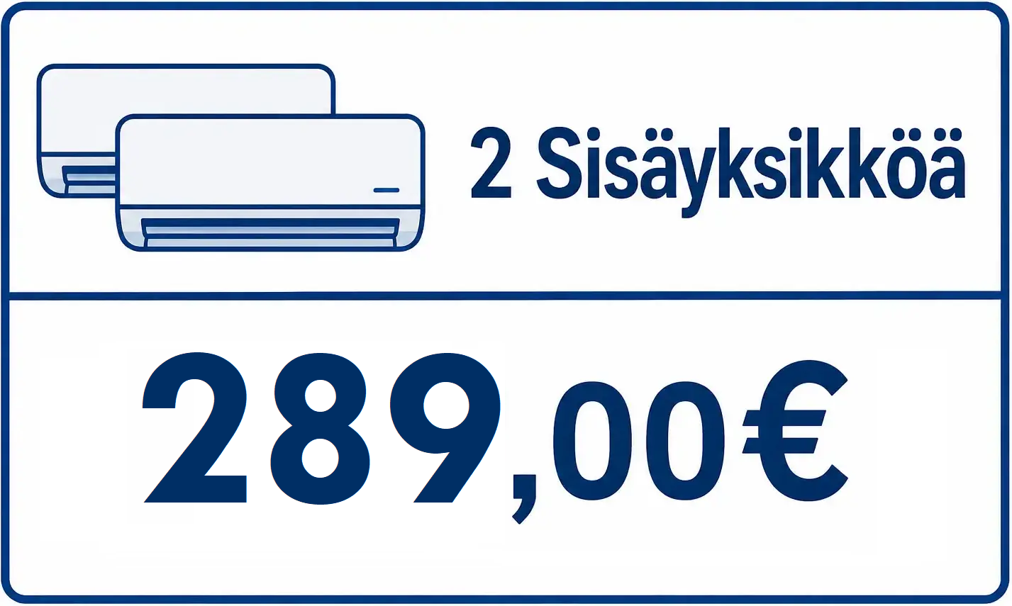 Sininen kyltti, jossa ilmastointilaitteen symboli, teksti “2 Sisäyksikköä” ja hinta “289,00 €”.