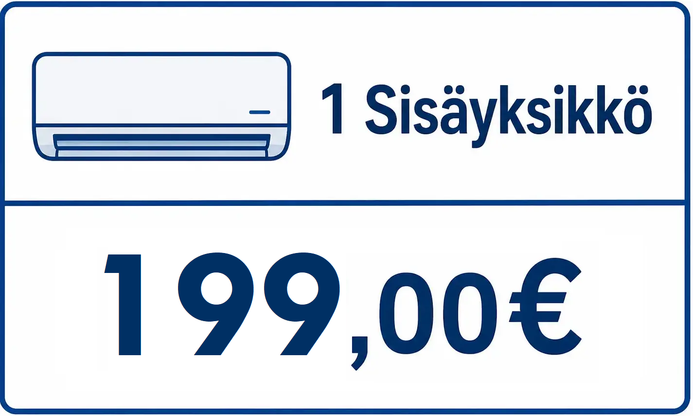 Sininen kyltti, jossa ilmastointilaitteen symboli ja teksti “1 Sisäyksikkö” sekä hinta “199,00 €”.