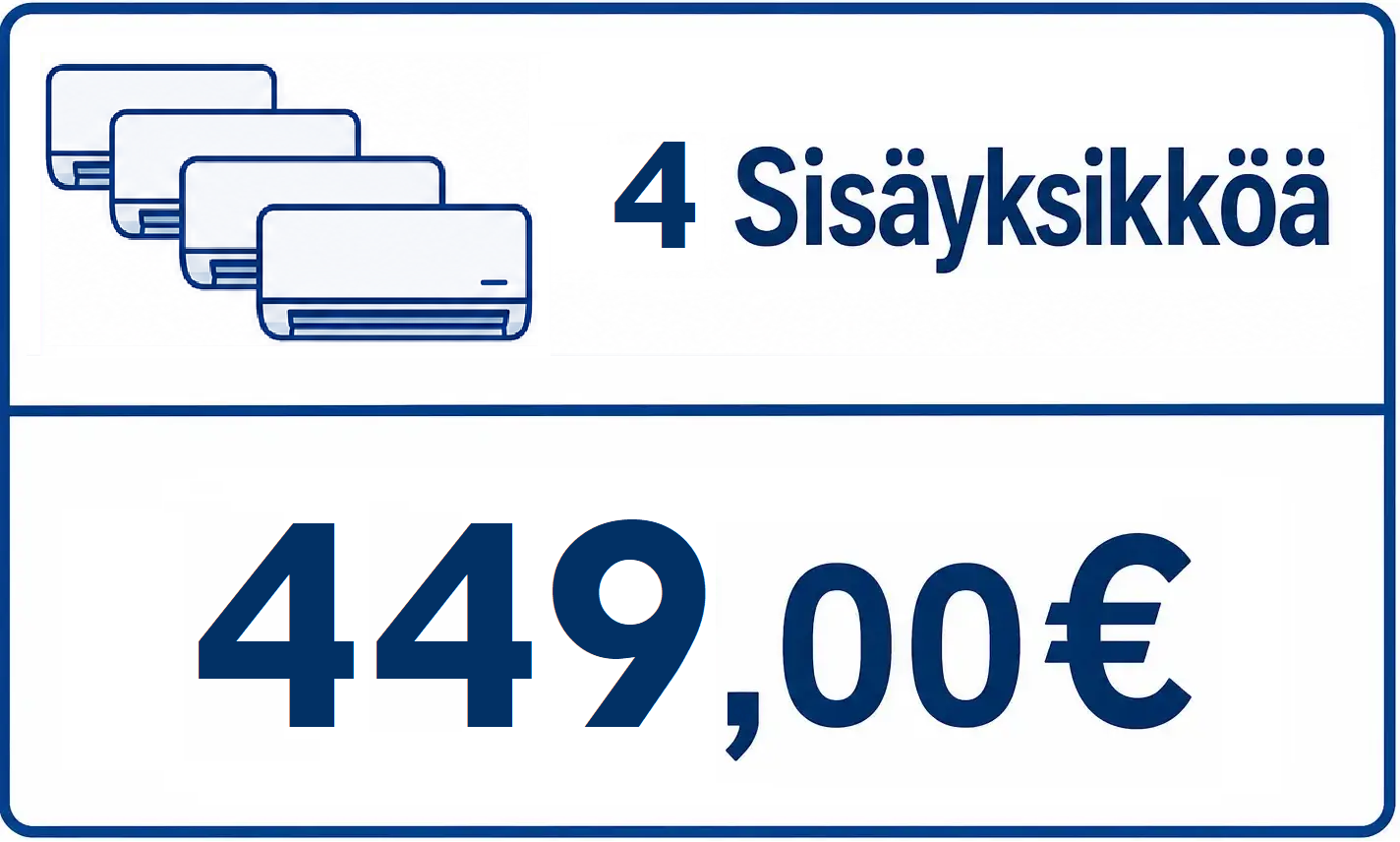Sininen kyltti, jossa ilmastointilaitteen symboli, teksti “4 Sisäyksikköä” ja hinta “449,00 €”.
