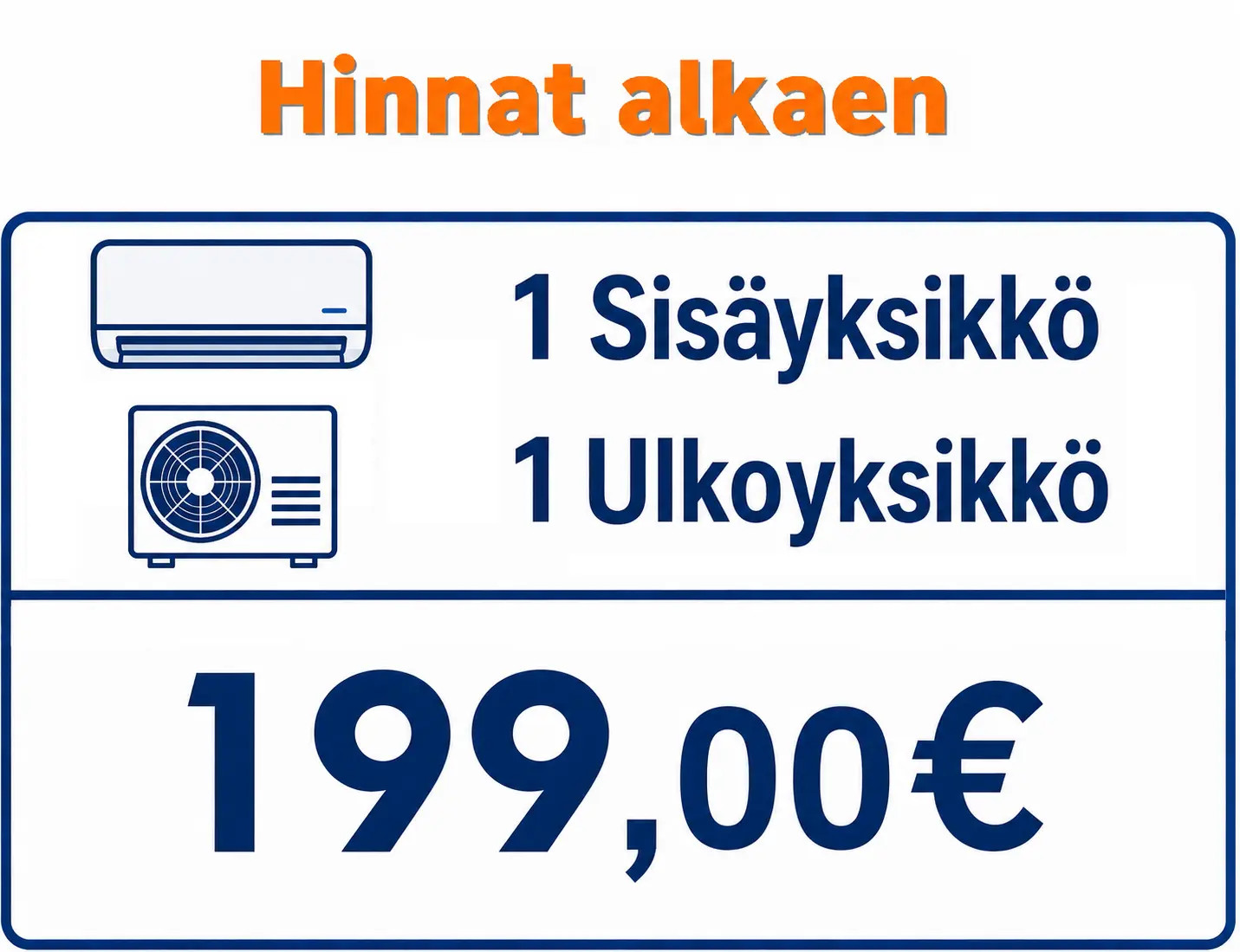 Sininen kyltti, jossa teksti “Hinnat alkaen”, ilmastointisymboli ja hinnat 1 sisäyksikkö, 1 ulkoyksikkö, 199,00 €.