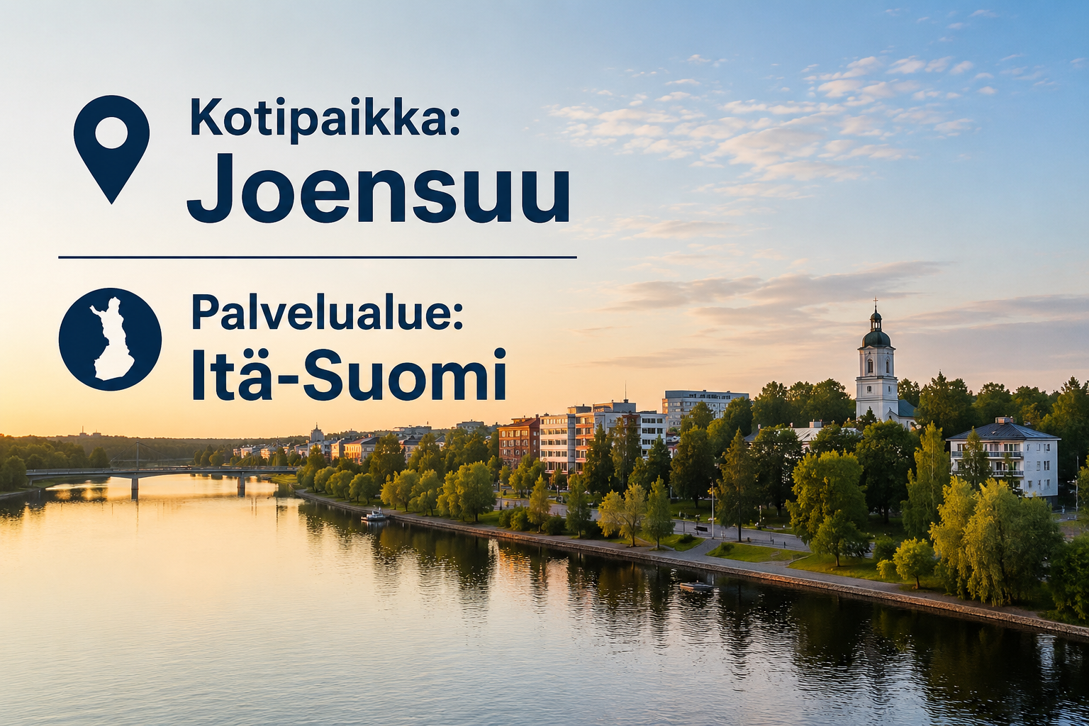Auringonlaskun kaupunkimaisema joen rannalla, kirkontorni ja teksti “Joensuu” sekä “IlmaLämpöPoli”.