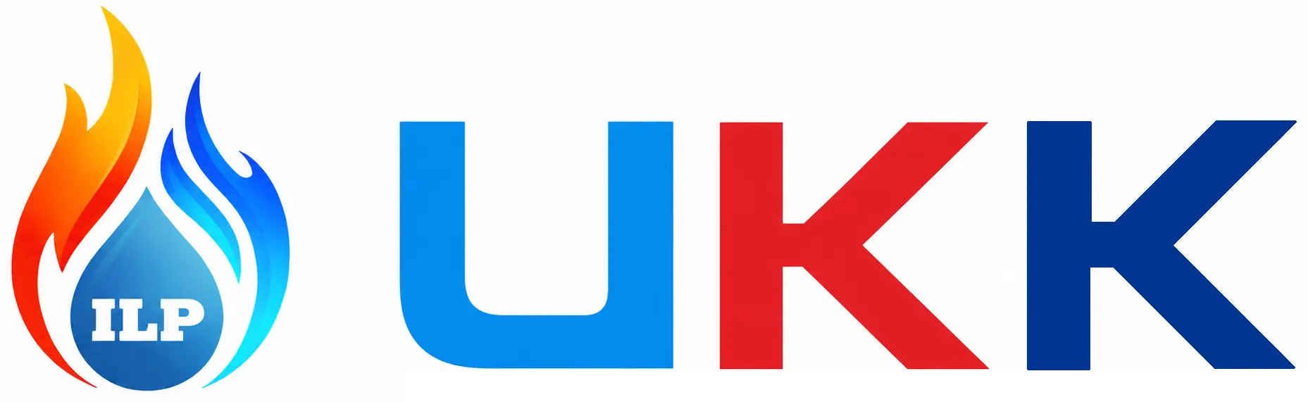 Sininen ja punainen UKK -logo sekä liekkikuvio, jossa teksti ILP ympyrässä sekä “UKK”.