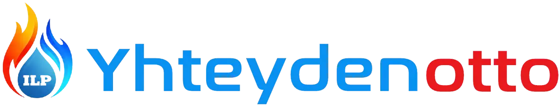 Sininen ja punainen Yhteydenotto-logo liekkikuvalla, taustalla valkoinen ja musta kontrasti.