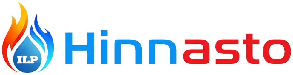Sininen ja punainen teksti “Hinnasto” sekä liekkimäinen logo, jossa sininen ja oranssi liekki.