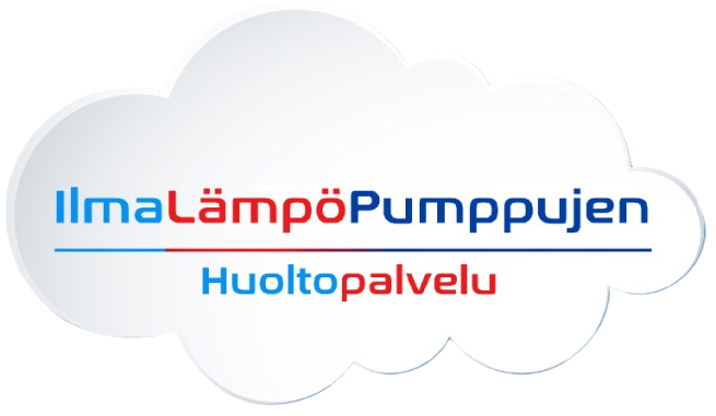 Valkoinen pilvimäinen logo, jossa sininen ja punainen teksti “Ilmalämpöpumppujen” ja sininen “Huoltopalvelu”.