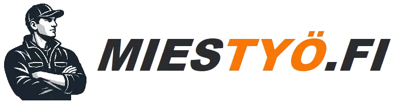 Mustavalkoinen ja oranssi MIESTYÖ.FI-tekstilogo, jossa korostettu oranssi “TYÖ” ja kaksi oranssia pistettä.
