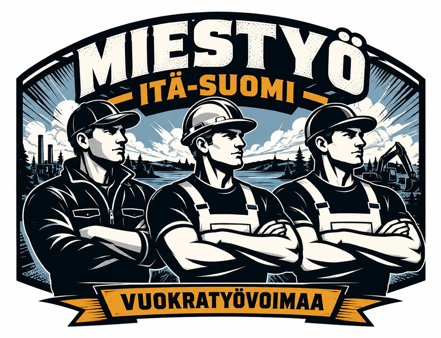 Mustavalkoinen hahmo ja teksti “MIESTYÖ.FI” sekä “työvoiman vuokraus” -logo mustalla ja oranssilla taustalla.