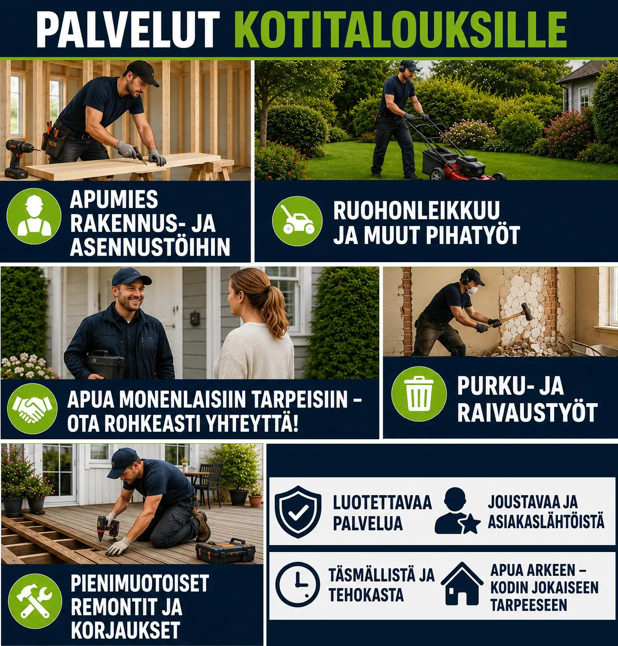Mainoskuvassa palveluita: rakentaja, ruohonleikkuri, pihatyöt, purku, asennus, korjaus ja asiakastyytyväisyys-ikonit.