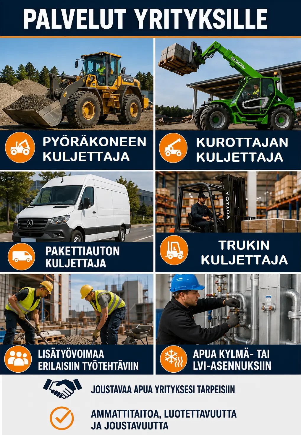 Mainoskuvassa neljä kuljetus- ja työtehtäväkuvaa: pyöräkuormaaja, kurottaja, pakettiauto ja trukinkuljettaja.