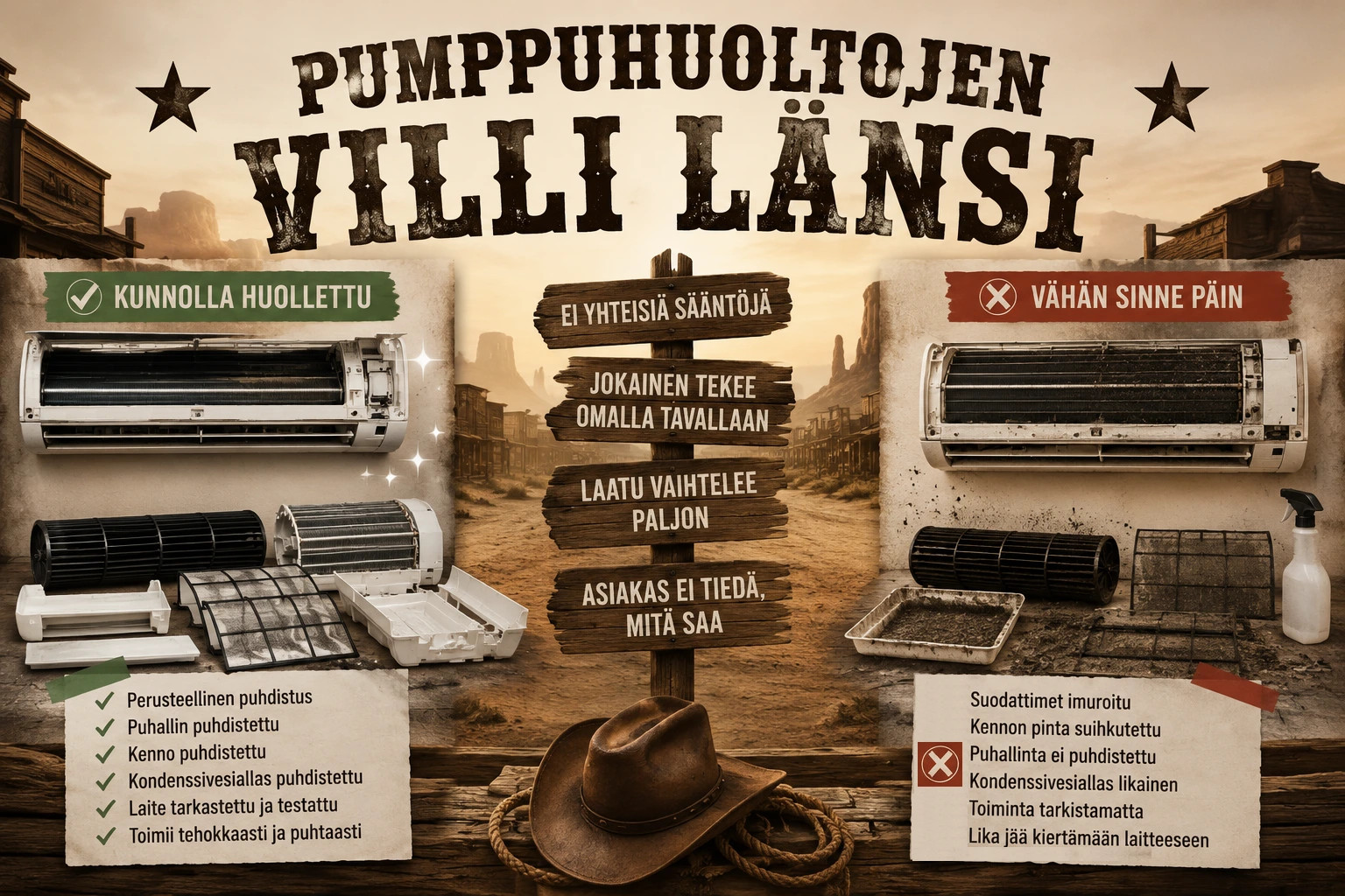 Mainoskuva ilmastointilaitteiden huollosta, jossa vertailu kunnon puhdistuksen ja laiminlyönnin välillä.
