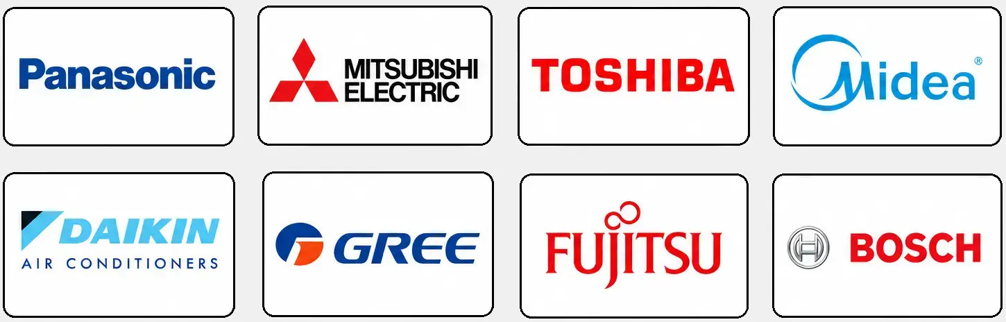 Panasonic, Mitsubishi Electric, Toshiba, Midea, Daikin, Gree, Fujitsu ja Bosch -logot ruudukossa valkoisella taustalla.