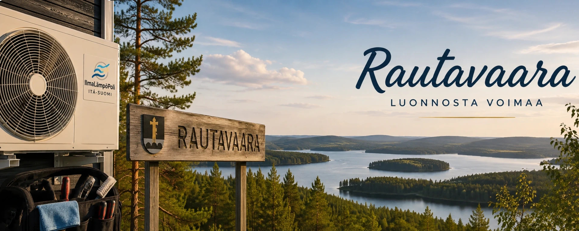 Ulkoseinässä ilmastointilaite, puinen Rautavaara-kyltti ja järvimaisema taustalla, teksti Rautavaara.