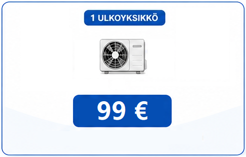 Harmaa ulkoyksikkökuvake ja sininen 99 € -hinta, otsikkona 1 ULKOYKSIKKÖ.