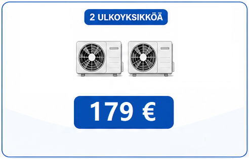 Kaksi ulkoyksikköä ja sininen 179 € -hintaikkuna valkoisella taustalla.