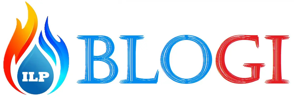Sininen ja punainen Blogi -logo, vasemmalla liekkikuvio ja teksti ILP, sekä “Blogi” taustalla valkoinen.