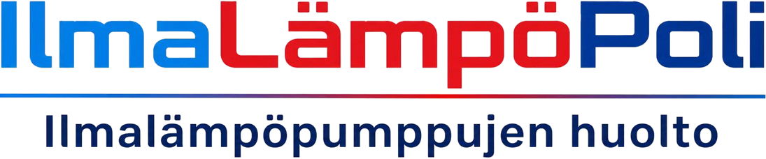 Sininen ja punainen “IlmaLämpoPoli” -logo sekä suuri sininen teksti “Ilmalämpöpumppujen huolto” mustalla taustalla.