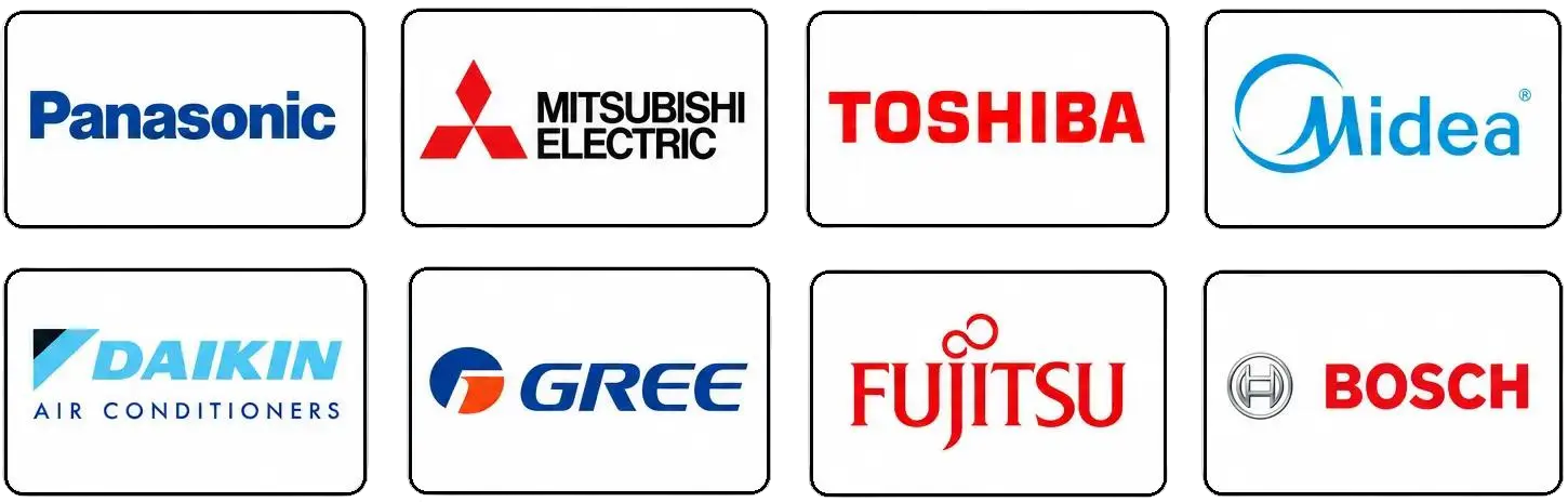 Panasonic, Mitsubishi Electric, Toshiba, Midea, Daikin, Gree, Fujitsu ja Bosch -logot ruudukossa valkoisella taustalla.