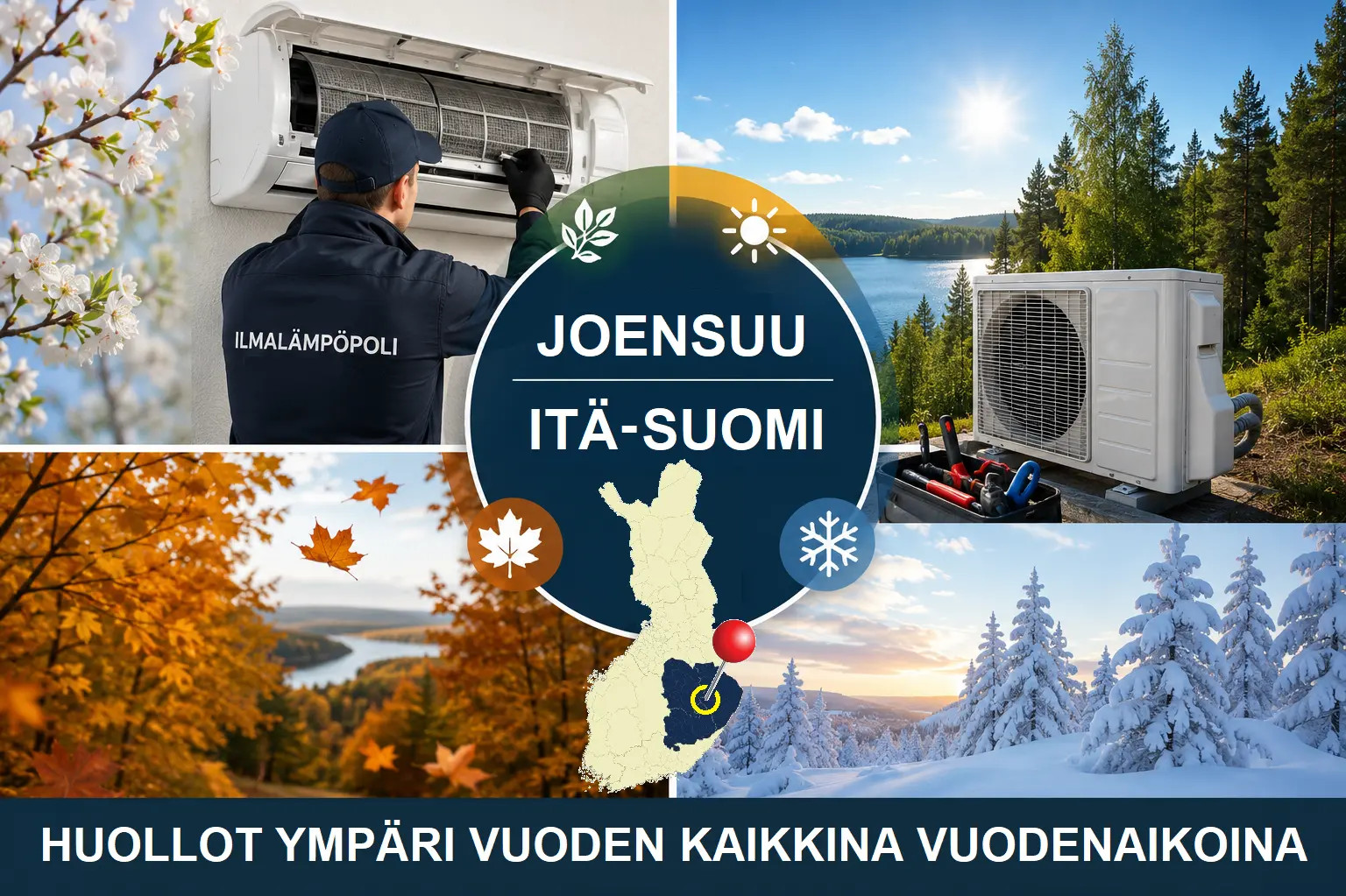 Lämpöpumpun huoltomies ulkoyksikön vieressä, taustalla järvimaisema, metsä ja talvinen lumimaisema.