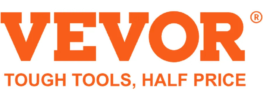 Oranssi ja valkoinen mainos, jossa teksti “VEVOR” ja “TOUGH TOOLS, HALF PRICE”.