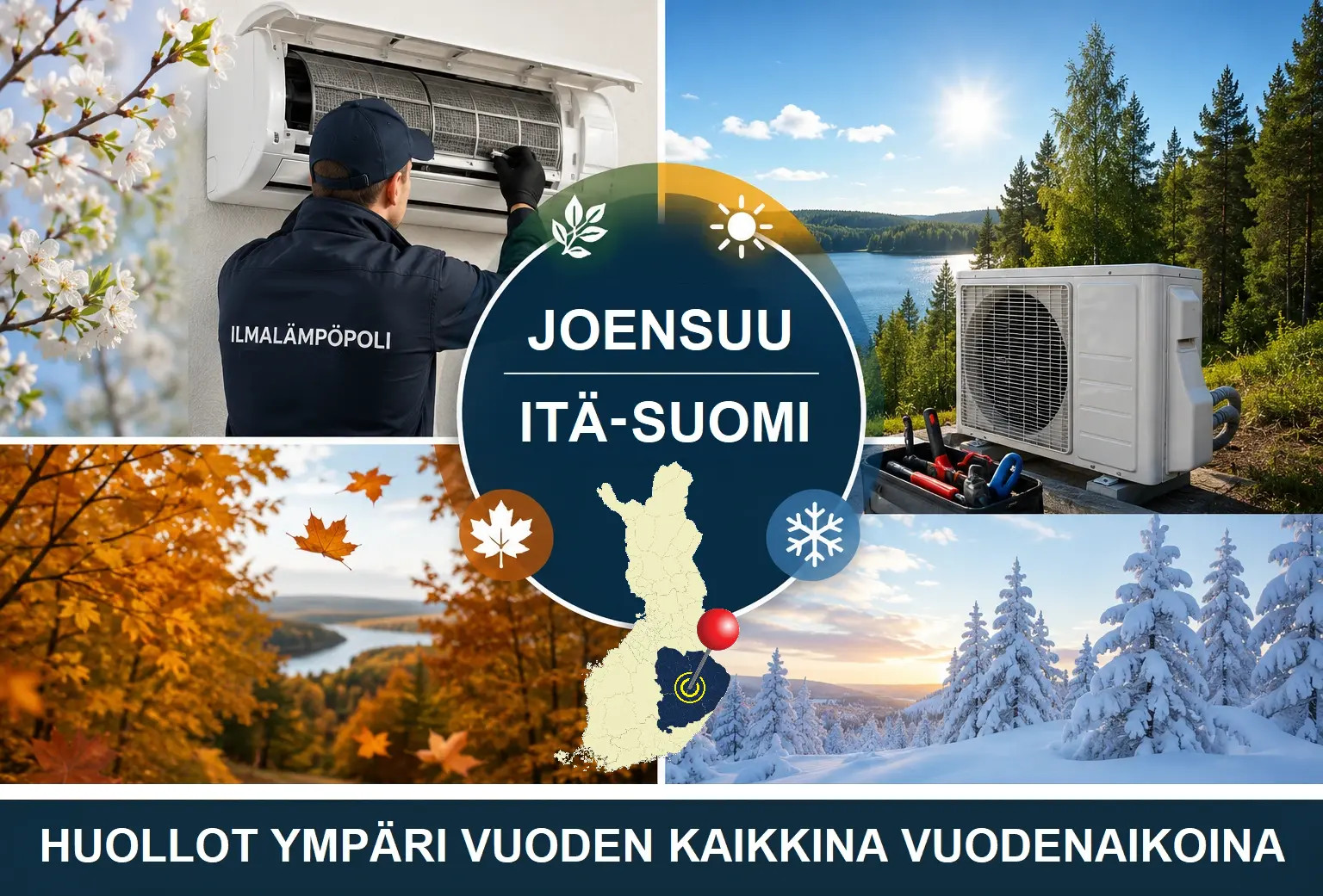 Lämpöpumpun huoltomies ulkoyksikön vieressä, taustalla järvimaisema, metsä ja talvinen lumimaisema.